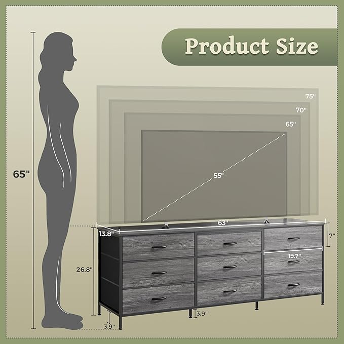 Huuger 63 Inch Dresser for Bedroom, Long Dresser for Closet - Image 3