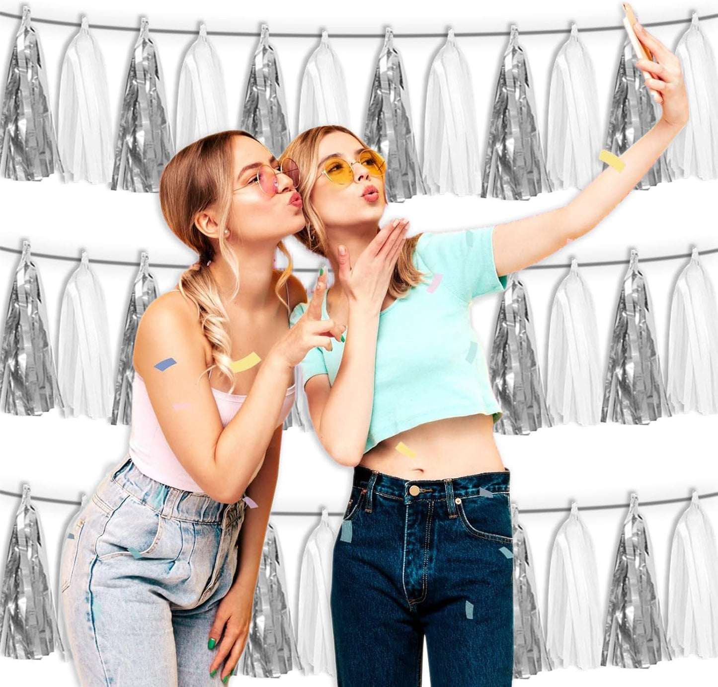 3P White Silver Metallic Fringe Tassel Banner Garland Foil Tinsel Streamer Wall Hanging Curtain Backdrop Banner for Parade Floats, Graduation Bridal/Baby Shower Retirement Party Decorations