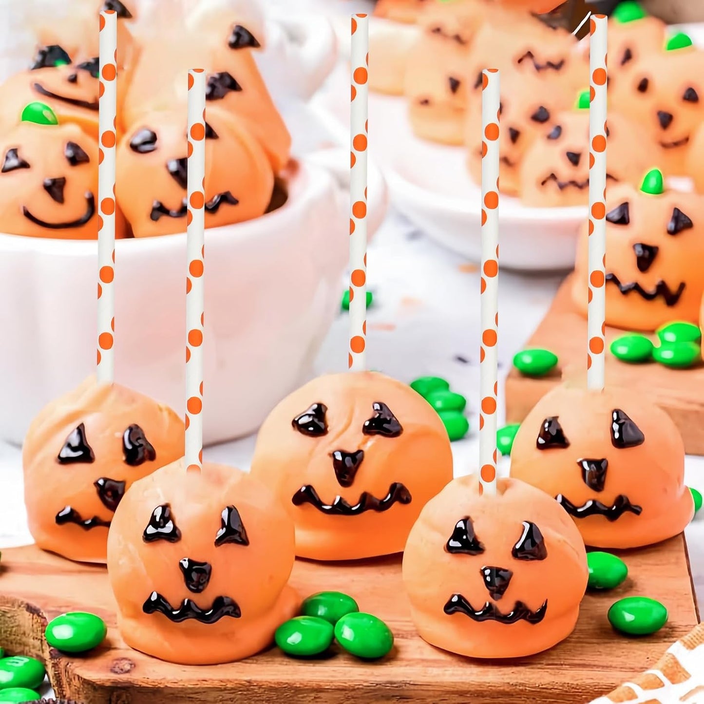 Orange Polka Dots Paper Drinking Straws 7.75 inch Disposable 100 Counts - for Drinks, Juice, Cocktail, Party, Bars, Restaurants