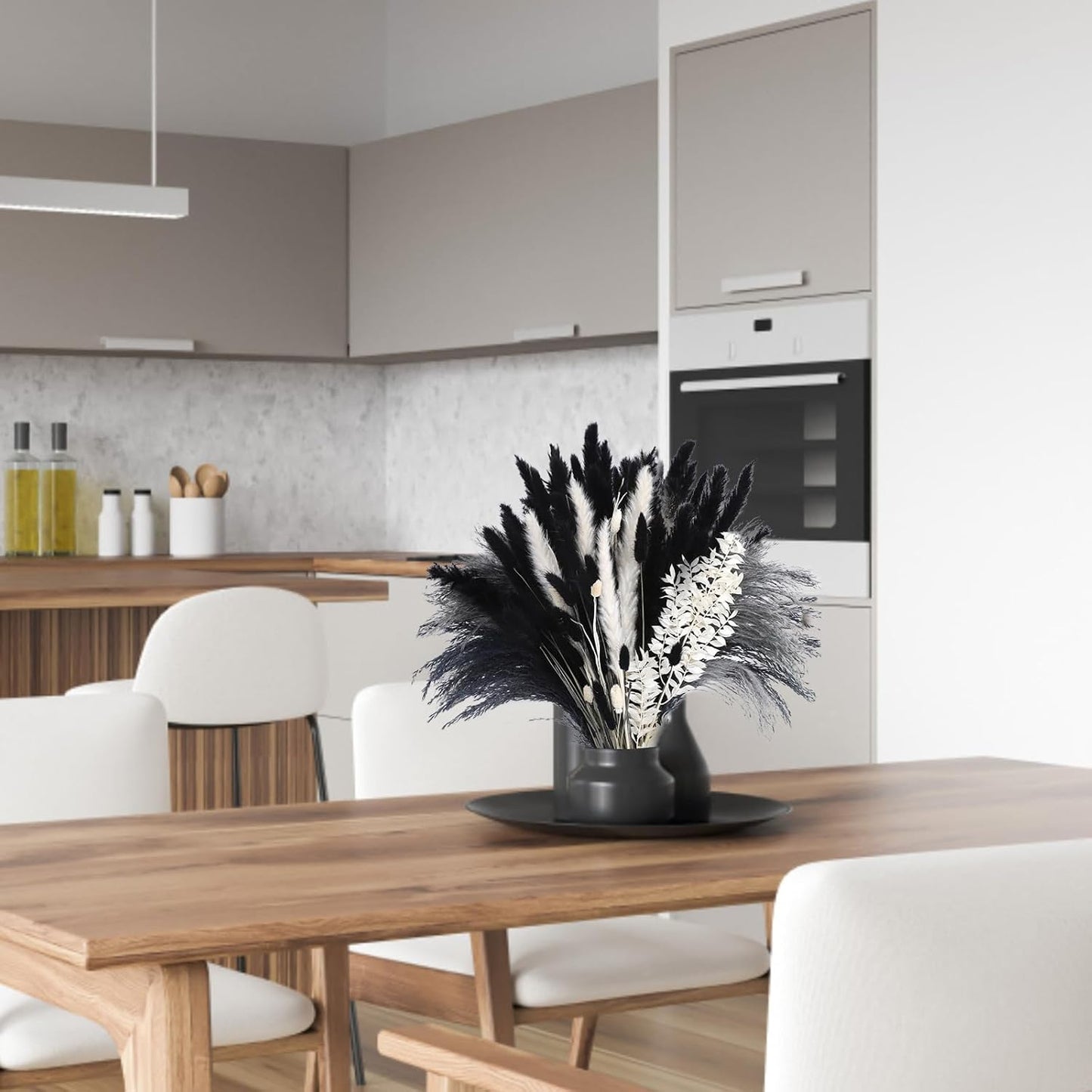 102PCS Black Pampas Grass Decor, Grey White Natural Dried Pampas Grass Bulk, Boho Home Decor Bouquet, Black and White Dried Flowers Decor, Halloween Wedding Floral Arrangements Vases Decorations