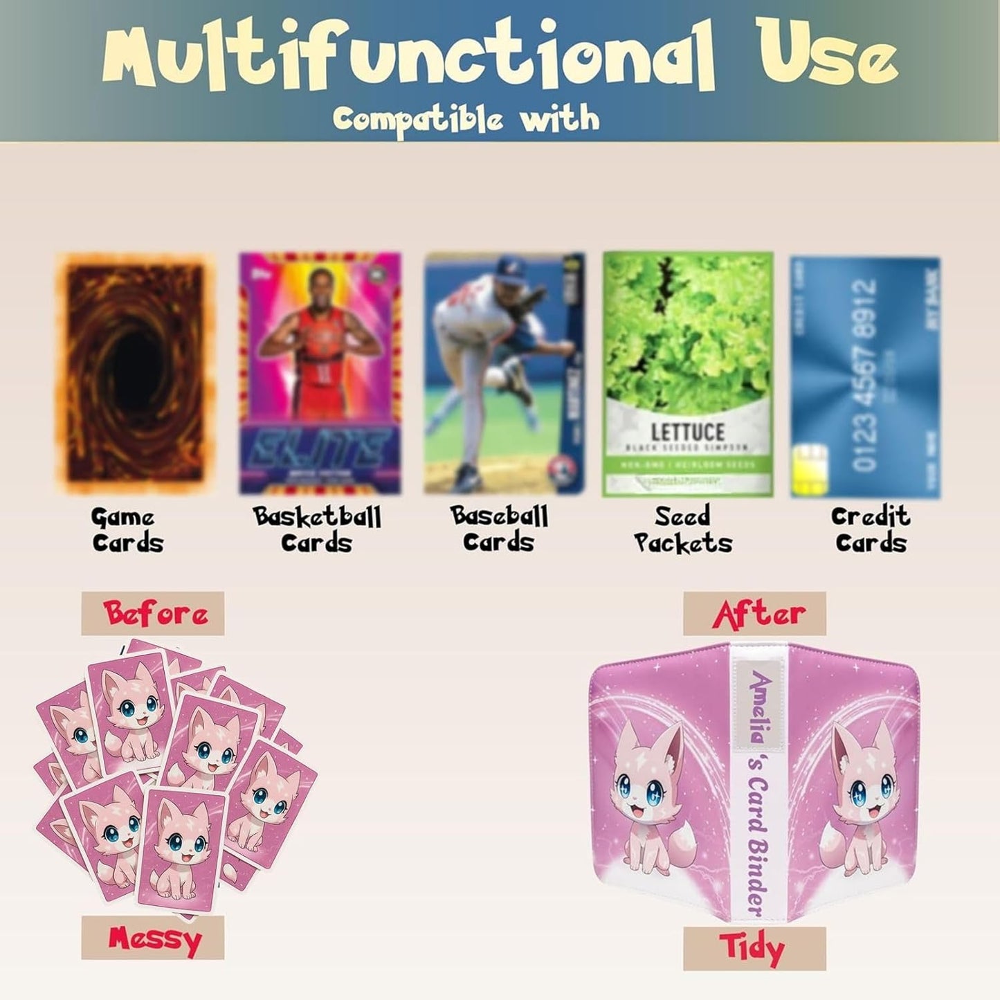 Cute Pink Trading Card Binder 4 Pocket for Girls Gifts - Includes Name Tag & Tab Stickers for Sorting - 440 Pockets Card Binders Zipper Album Book Holder - Baseball Football Sports Tcg Card Case