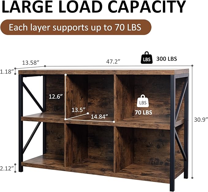 6 Cube Storage Organizer Bookshelf, Industrial Horizontal Bookcase, Accent - Image 2