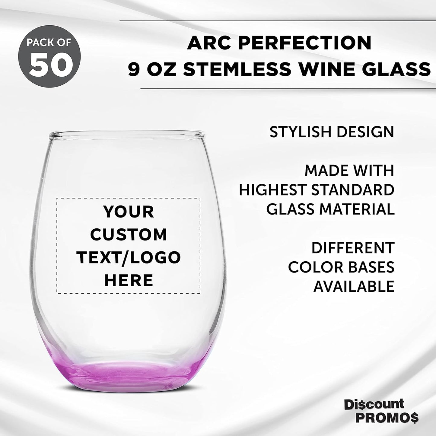 Custom Stemless Wine Glass 9 oz. Set of 50, Personalized Bulk Pack - Great for Wedding Favors, Bachelorette Party Decorations, Party Favors, Color Bottom - Pink