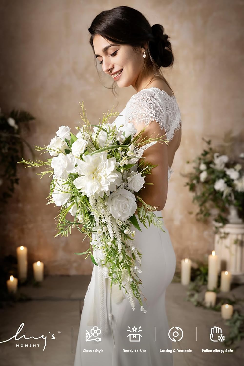 Ling's moment White Green Bridal Bouquet for Bride, White Green Wedding Bouquets for Bride, 13 Inch Bride Bouquets for Wedding Artificial Flowers Bouquets