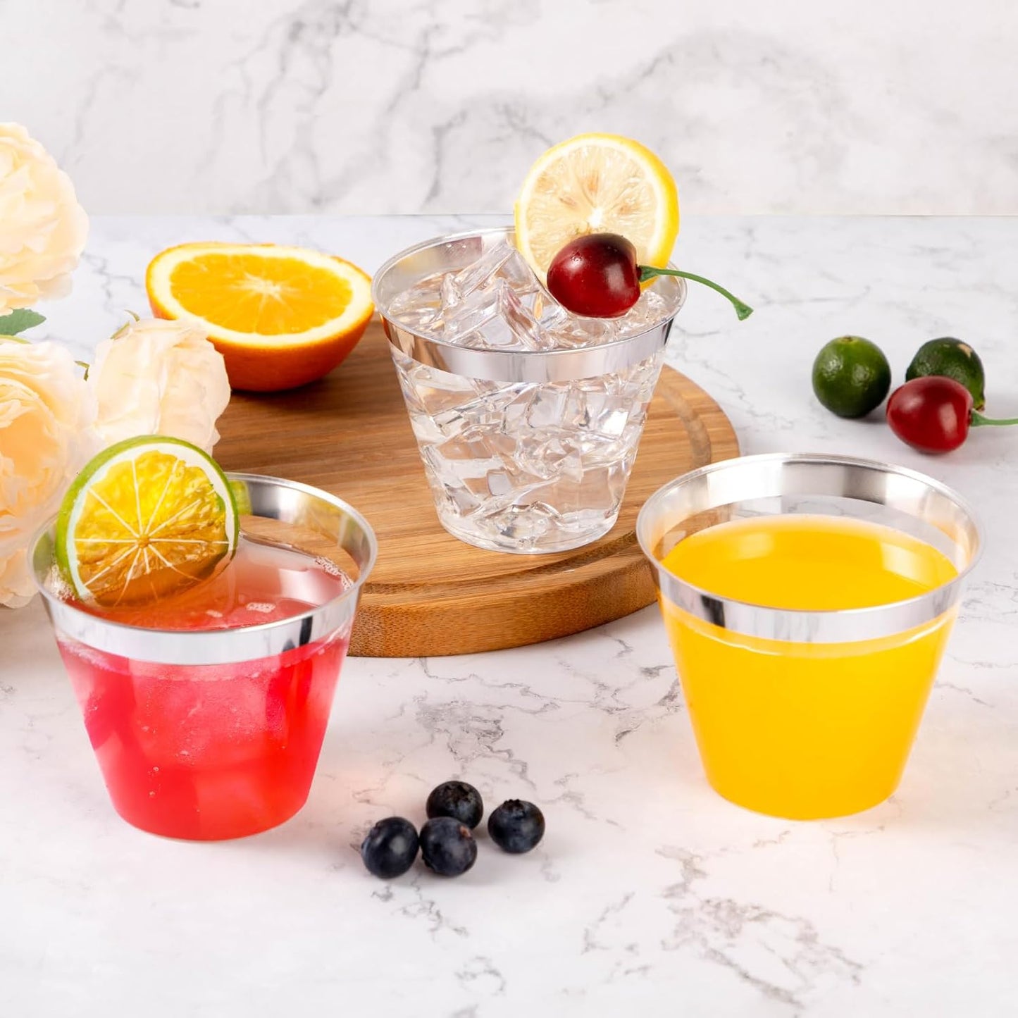 Goodluck 50PCS 9oz Plastic Cups for Party, Disposable Silver Plastic Cups, Cocktail Glasses for Wedding Thanksgiving, Christmas