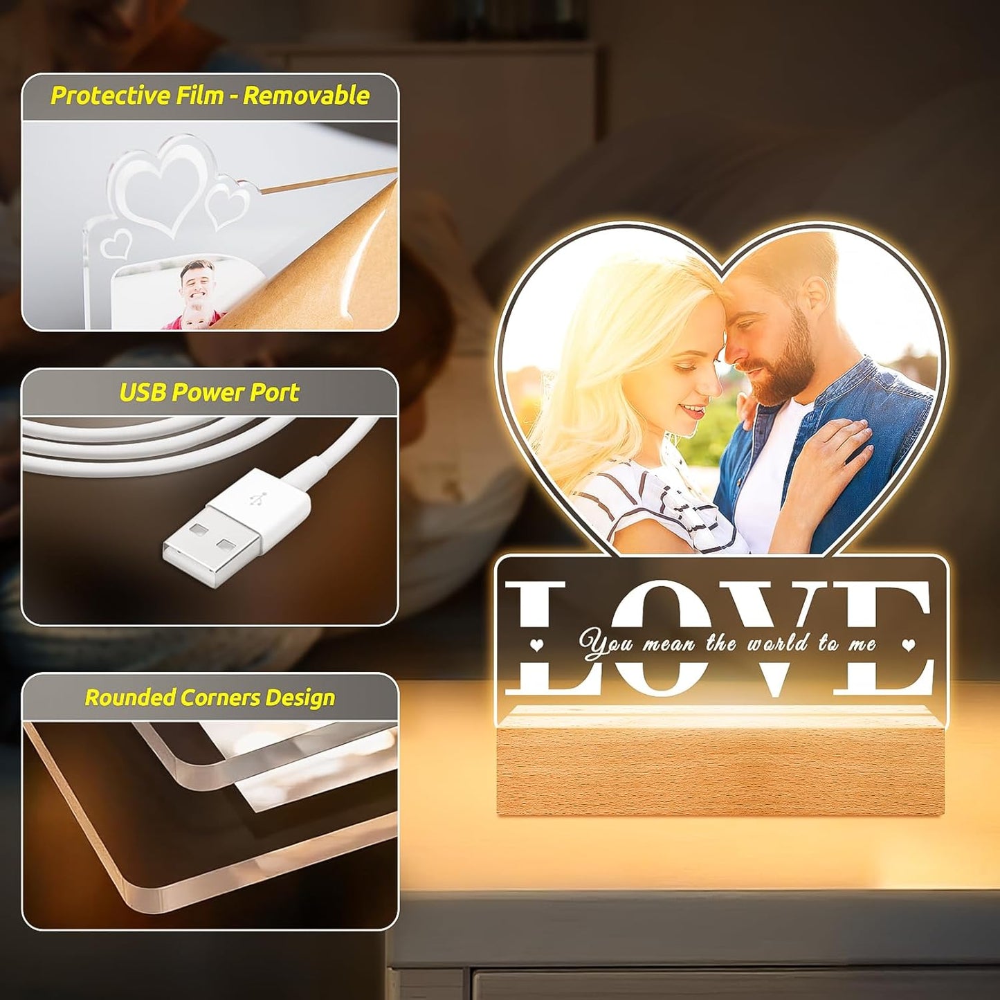 Personalized Gifts for Women Men Him Her, Custom Picture Frames with Photo, Customized Photo Frame with Night Light, Personalized Anniversary Couple Gifts for Boyfriend Girlfriend