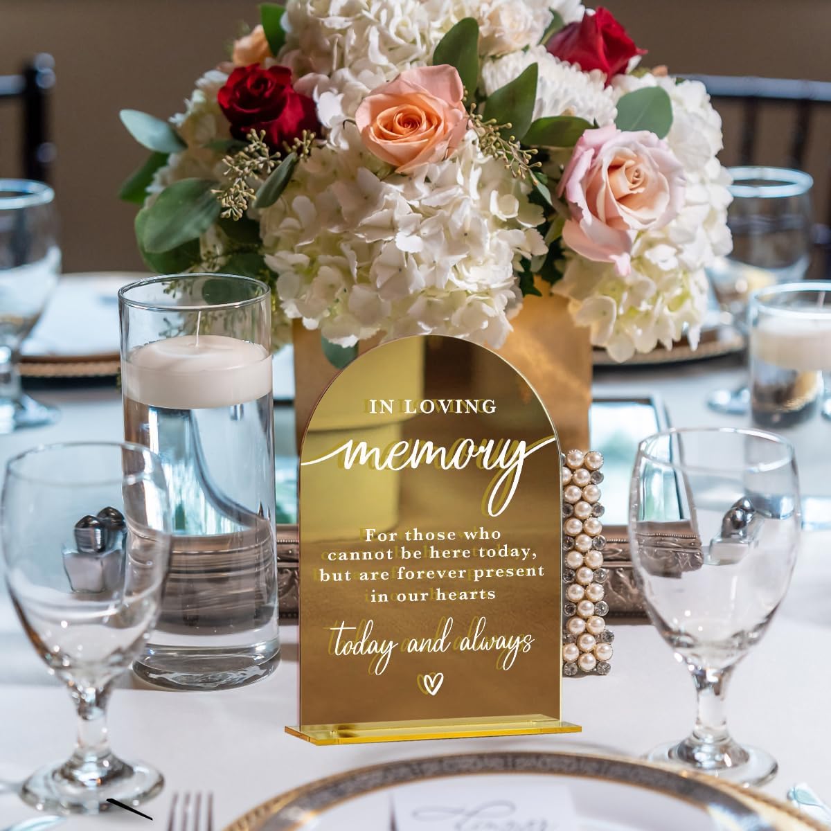 Acrylic Wedding Sign, Bridal Shower Decorations, In Loving Memory Sign for Ceremony, Modern Font Table Signs, Gold Mirror Arched Acrylic Tabletop Signs for Wedding Reception and Event Party