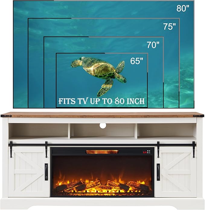 OKD Fireplace TV Stand for 80 Inch TV, Rustic Media Console w/Sliding Barn Door - Image 6