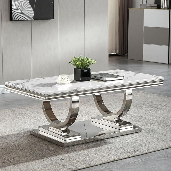 Henf 47" Marble Coffee Table Modern White Faux Marble Center Table - Image 8
