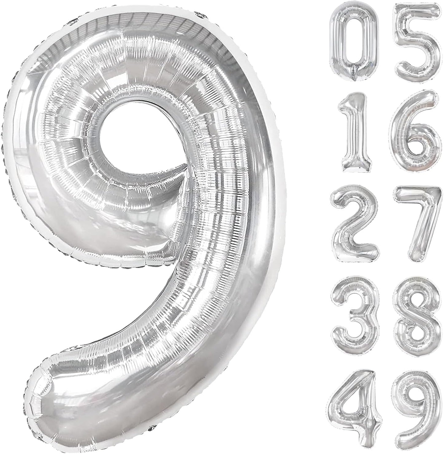 40 Inch Big Silver 9 Balloon Number, Jumbo Giant Happy 9th 19 29 39 49 99 Birthday Party Decorations, Large Nine Mylar Foil Anniversary Birthday Party Engagement Decorations