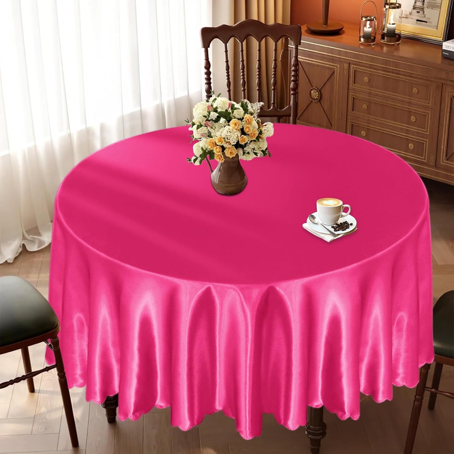 KKJIAF 1 Pack Round Table Cloths 90 Inch, Hot Pink Overlay Round Satin Table Cover, Silky Satin Dining Tablecloths for Wedding Buffet Parties Banquet Decoration