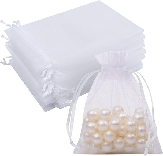 50 Pcs White Organza Bags 3x4 Inch, Small Mesh Gift Bags Drawstring Little Pouches for Party Favor Jewelry Candy