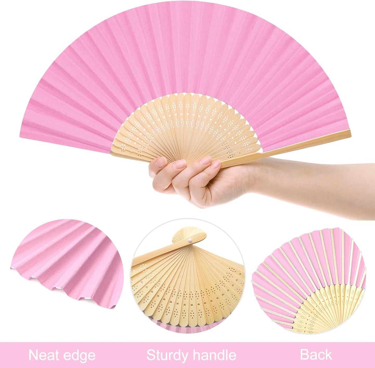 FEPITO 20 Pieces Handheld Pink Paper Fan Paper Folding Fans with Bamboos for Wedding Gift, Party, Home