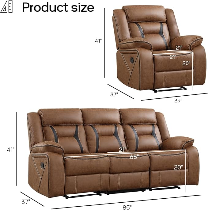 EBELLO Manual Recliner Sofa Set, Faux Leather Reclining Living Room Furniture - Image 2