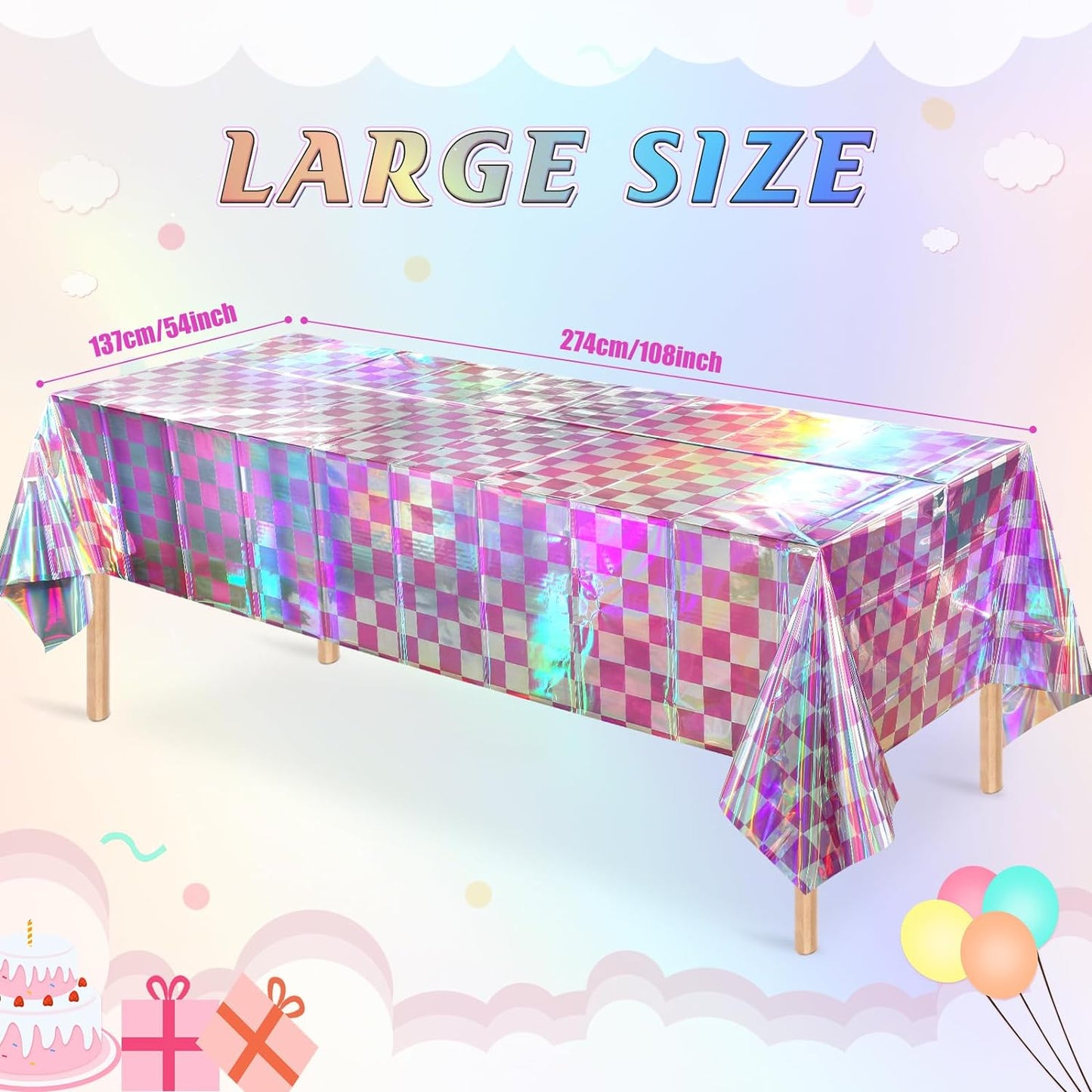 6 Pack Pink and Iridescent Checkered Plastic Tablecloth, Shiny Disposable Laser Rectangle Table Covers, Holographic Foil Tablecloth Iridescent Party Decorations for Picnic Camping Outdoor, 54x108Inch