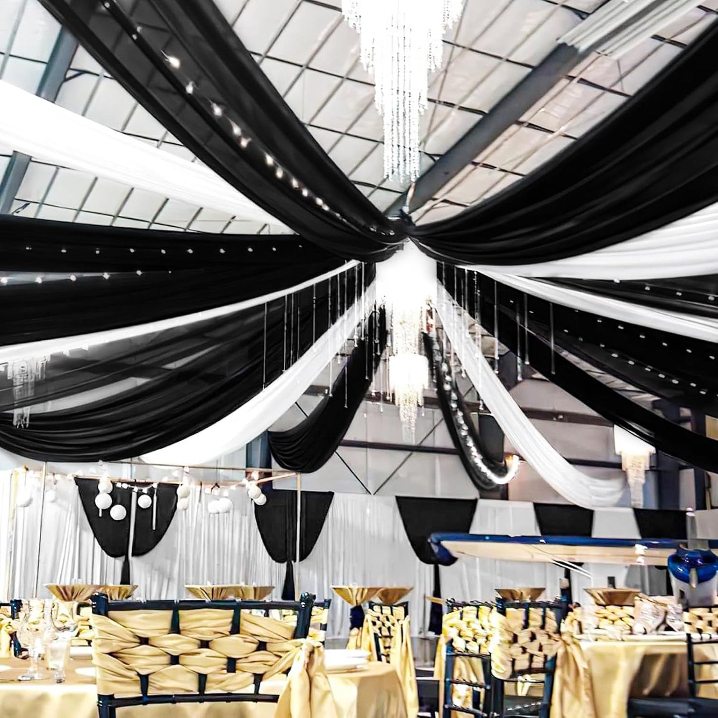 6 Panels Black Ceiling Drapes for Wedding 5ftx10ft Chiffon Fabric Arch Draping Curtains Sheer Drapery for Party Ceremony Birthday Baby Shower Reception Stage Swag Ceiling Decorations