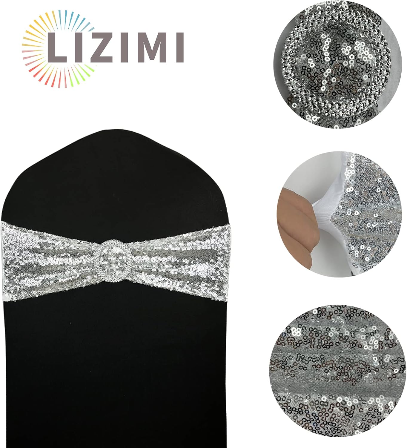 10 Pcs Chair Sashes Sequin Stretch Chair Bands Spandex Polyester Bows for Party Hotel Wedding Banquets Decoration -Silver