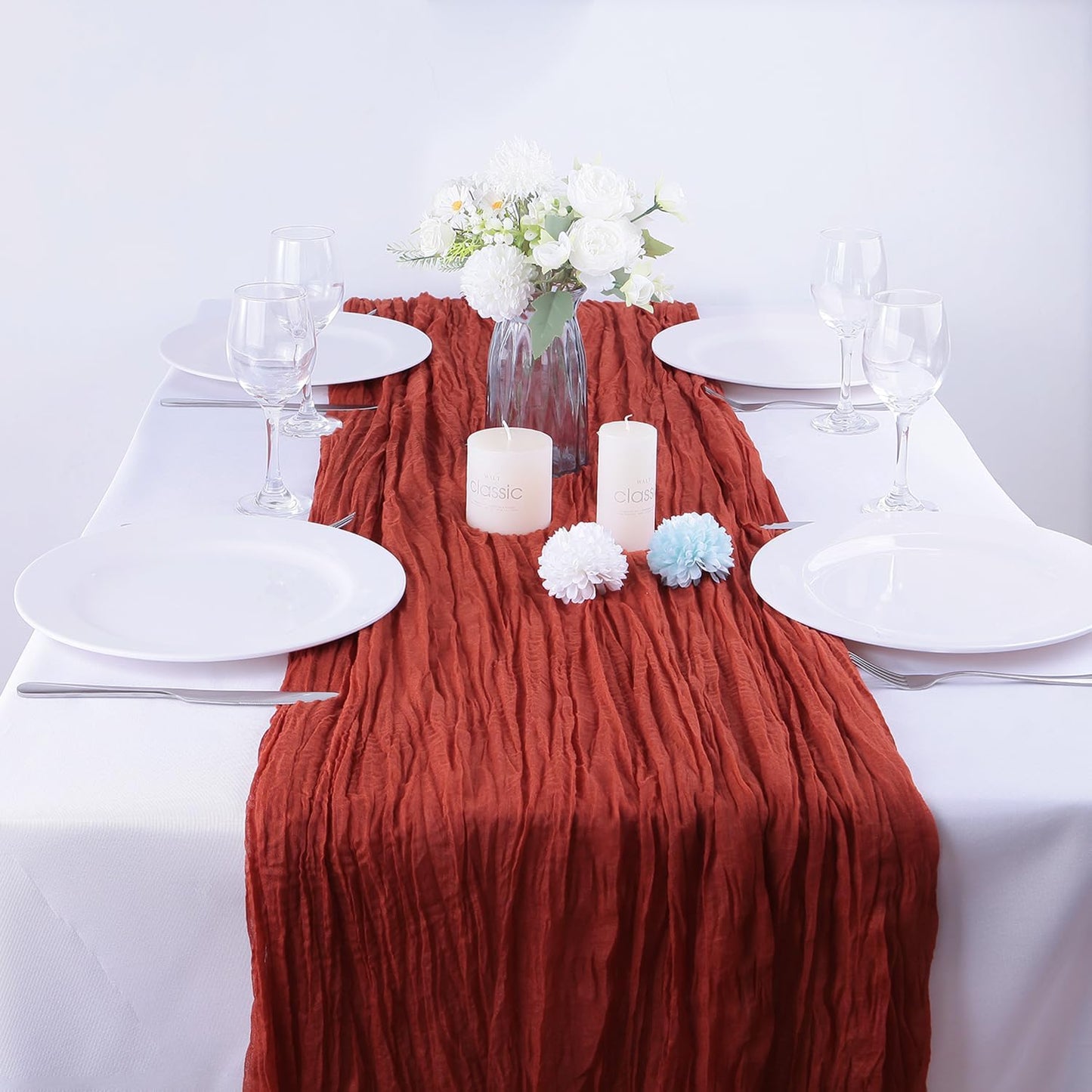 4 Pack Terracotta Cheesecloth Table Runner 35x120 Inch Boho Gauze Fabric Cheese Cloth Table Runner 10Ft Rustic Romantic Sheer Table Runners for Wedding Party Bridal Baby Shower Long Table Decoration