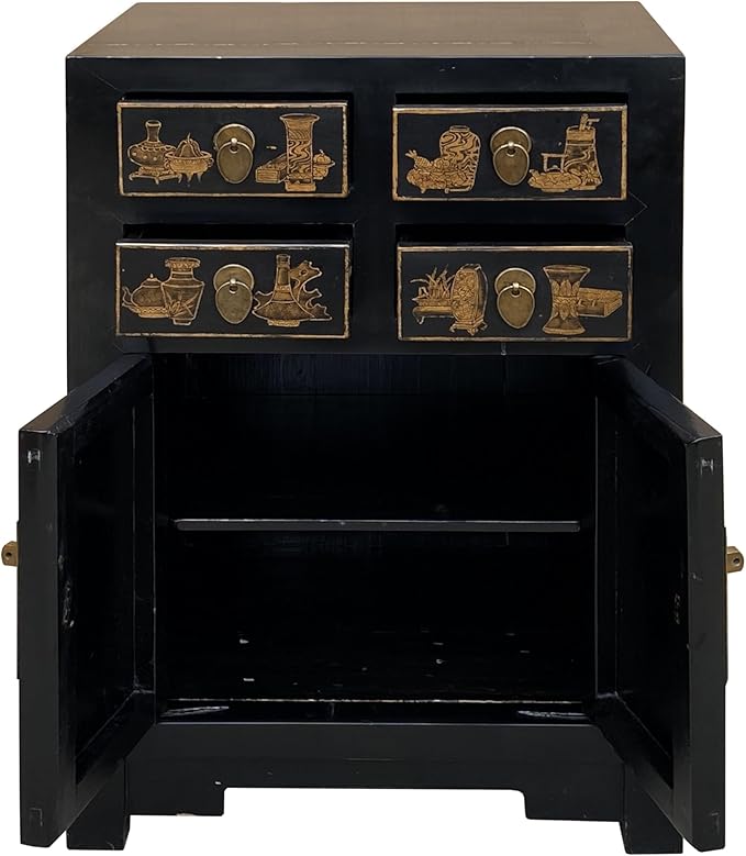 Vintage Oriental Distressed People Golden Graphic Black Side Table Cabinet - Image 5
