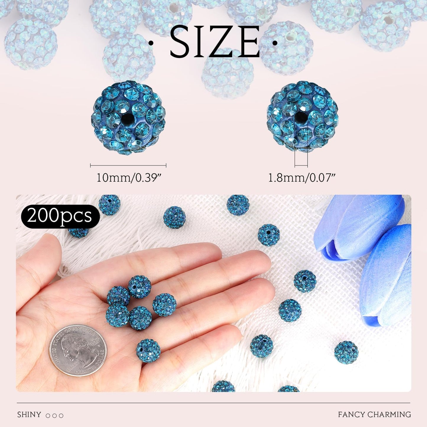 200pcs 10mm Blue Zircon Rhinestone Beads for Jewelry Making, Shiny Round Shamballa Disco Ball Beads, Sparkle Crystal Clay Christmas for Bracelet Baseball Necklace Earring Crafting and DIY