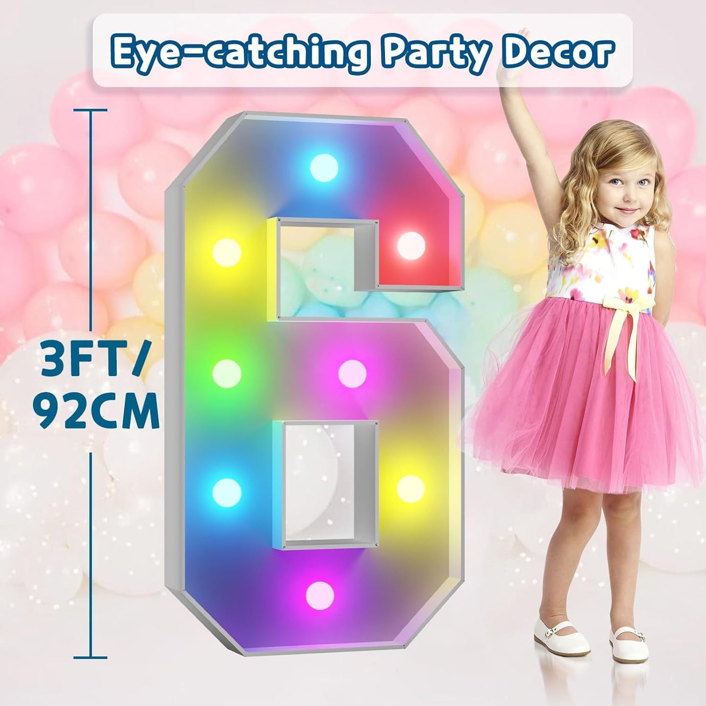imprsv 3FT Colorful Marquee Numbers,18 Colors Number 6 with Remote, Light Up Numbers Sign for 3rd Birthday Decorations Anniversary Party Decor, Pre-Cut Foam Board Kit, Mosaic Sign for Balloon