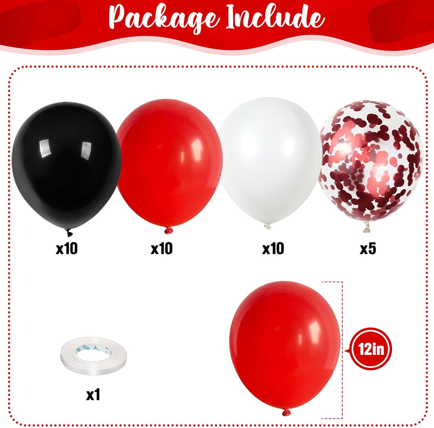 Red Black and White Balloons, 12 Inch Matte Red Black and White with Red Confetti Helium Latex Balloons Set for Boys Casino Racing Theme Birthday Wedding Baby Shower Graduation Party Decorations