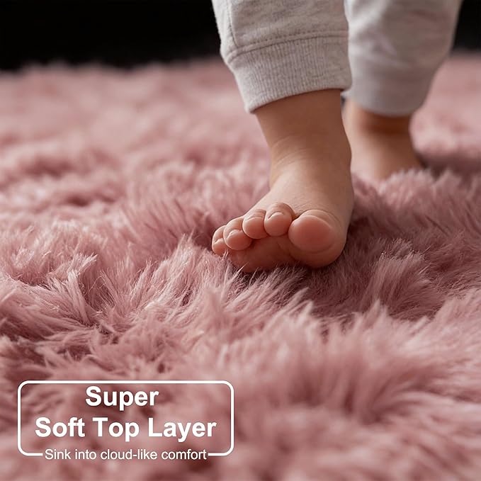 Blush Fluffy Round Rug 5Ft for Bedroom, Fuzzy Plush Circle Area Rugs for Baby - Image 5