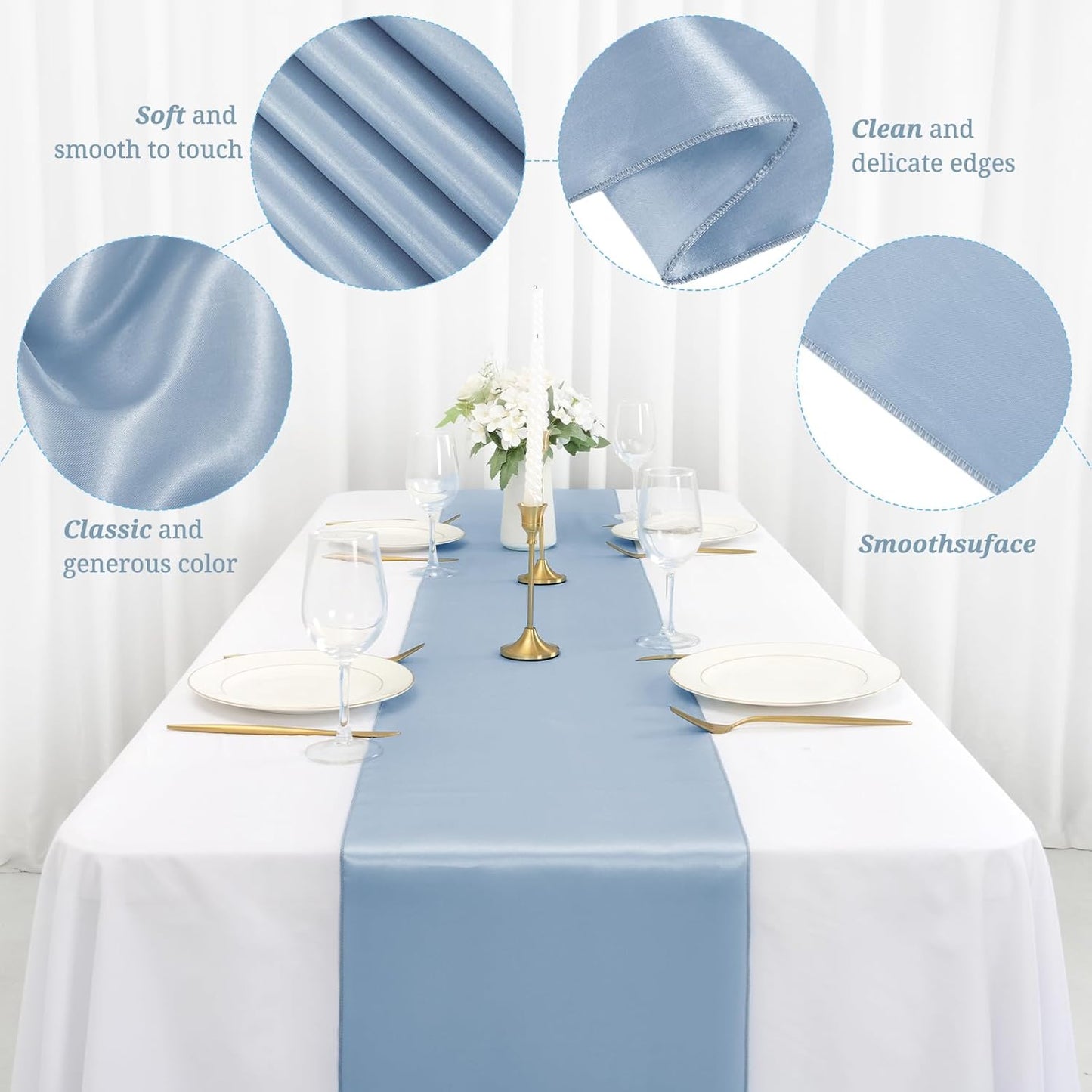 12 Pack Dusty Blue Satin Table Runner,12 x 108 inch Long Premium Smooth Table Runner for Wedding, Banquets, Birthday, Party, Graduation, Engagements,Table Runners fit Rectangle and Round Table