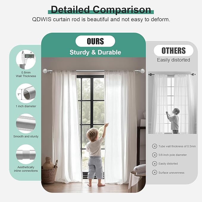 QDWIS Silver Curtain Rods for Windows 28 to 48 inch, Rustic Decorative Drapery - Image 3