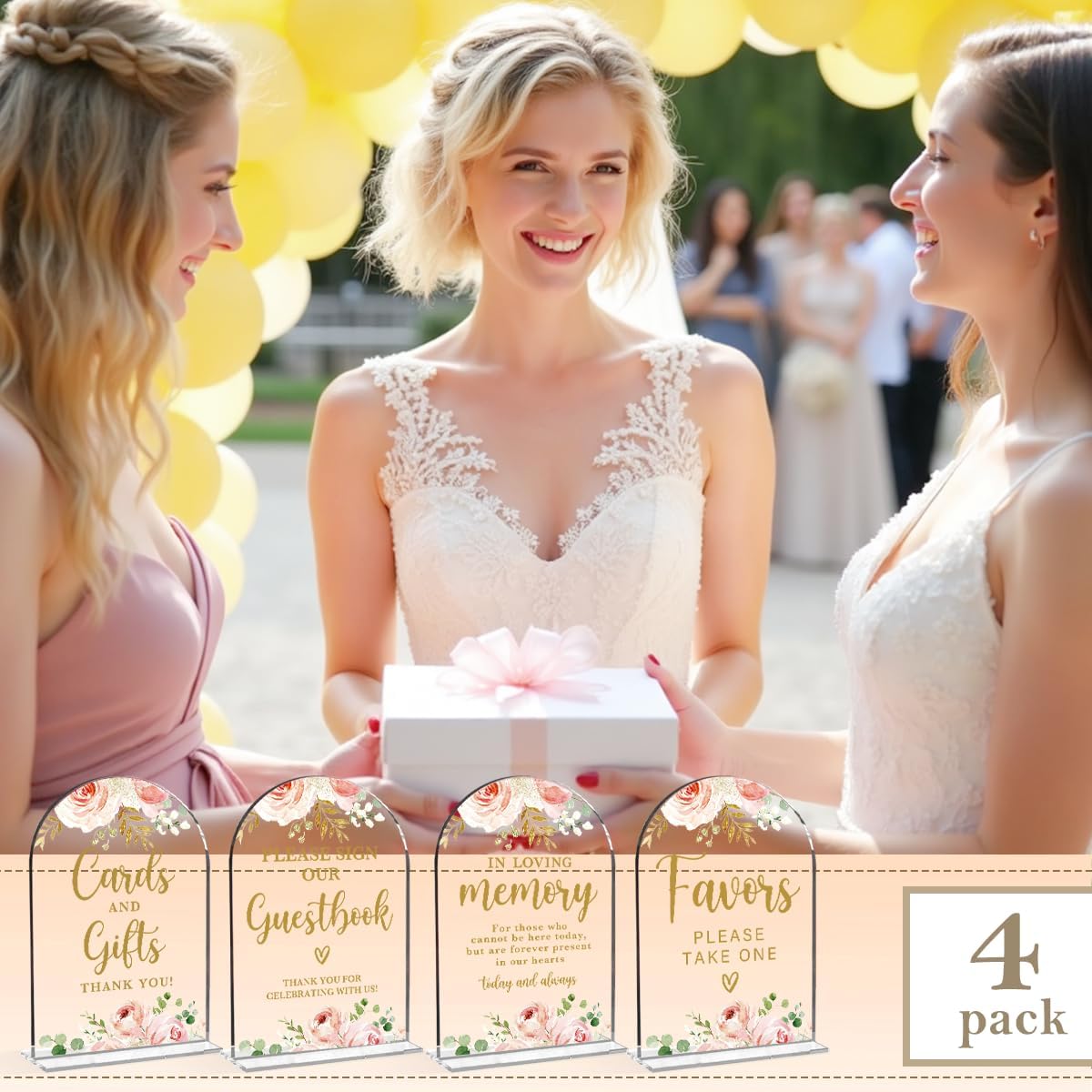 4 Pcs Acrylic Wedding Signs for Reception, Bridal Shower Decorations, Cards and Gifts Signs, Guest Book Sign, Arch Acrylic Table Top Sign with Holder for Wedding Reception (Clear Pink Flowers)