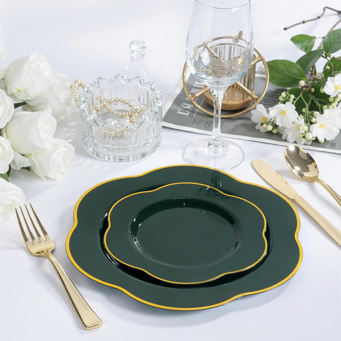Liacere 50PCS Green Plastic Plates - Heavy Duty Disposable Plate-Green and Gold Include 25PCS Dinner Plate, 25PCS Dessert Plates for Easter&Baby Shower Gifts