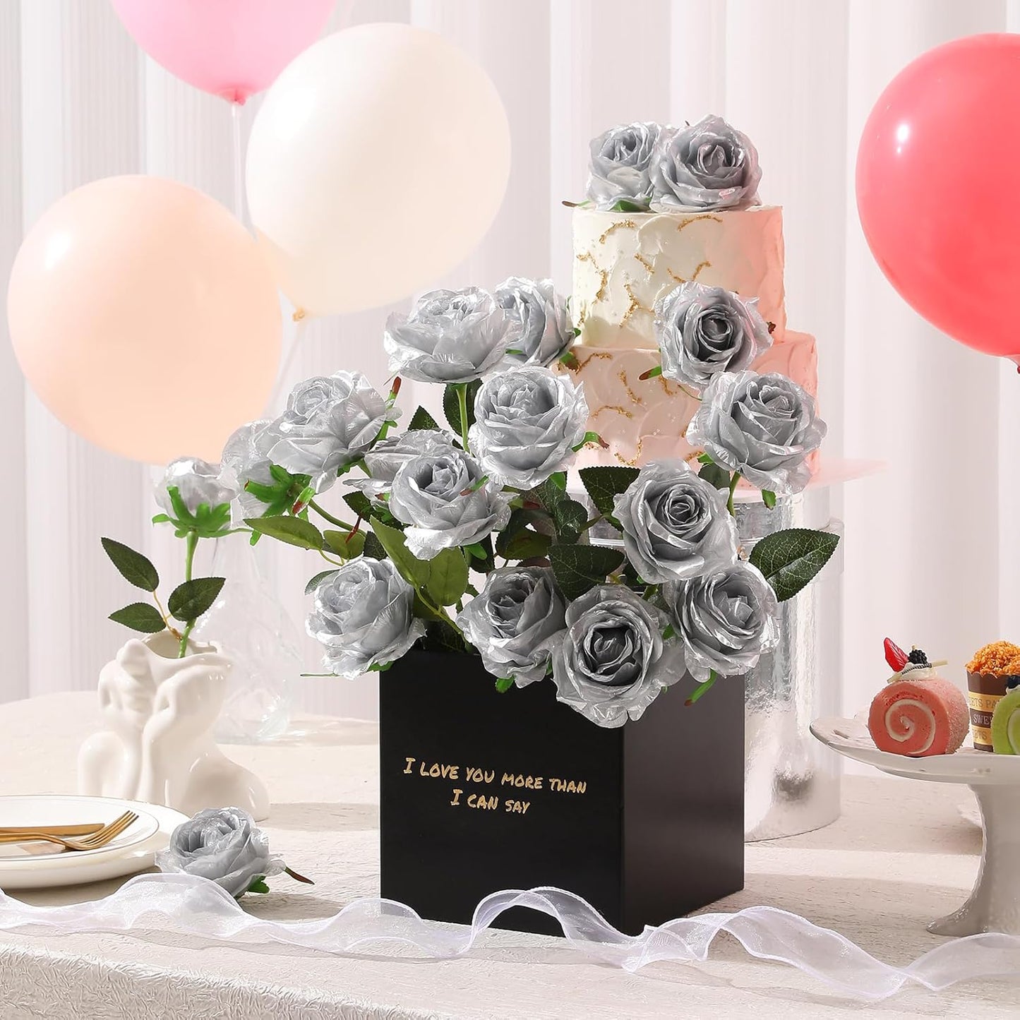 Tifuly Silver Roses Artificial Flowers -12Pcs Realistic Single Long Stem Fake Silk Roses Bouquet for Party Home Wedding Centerpiece Hotel Office Decor