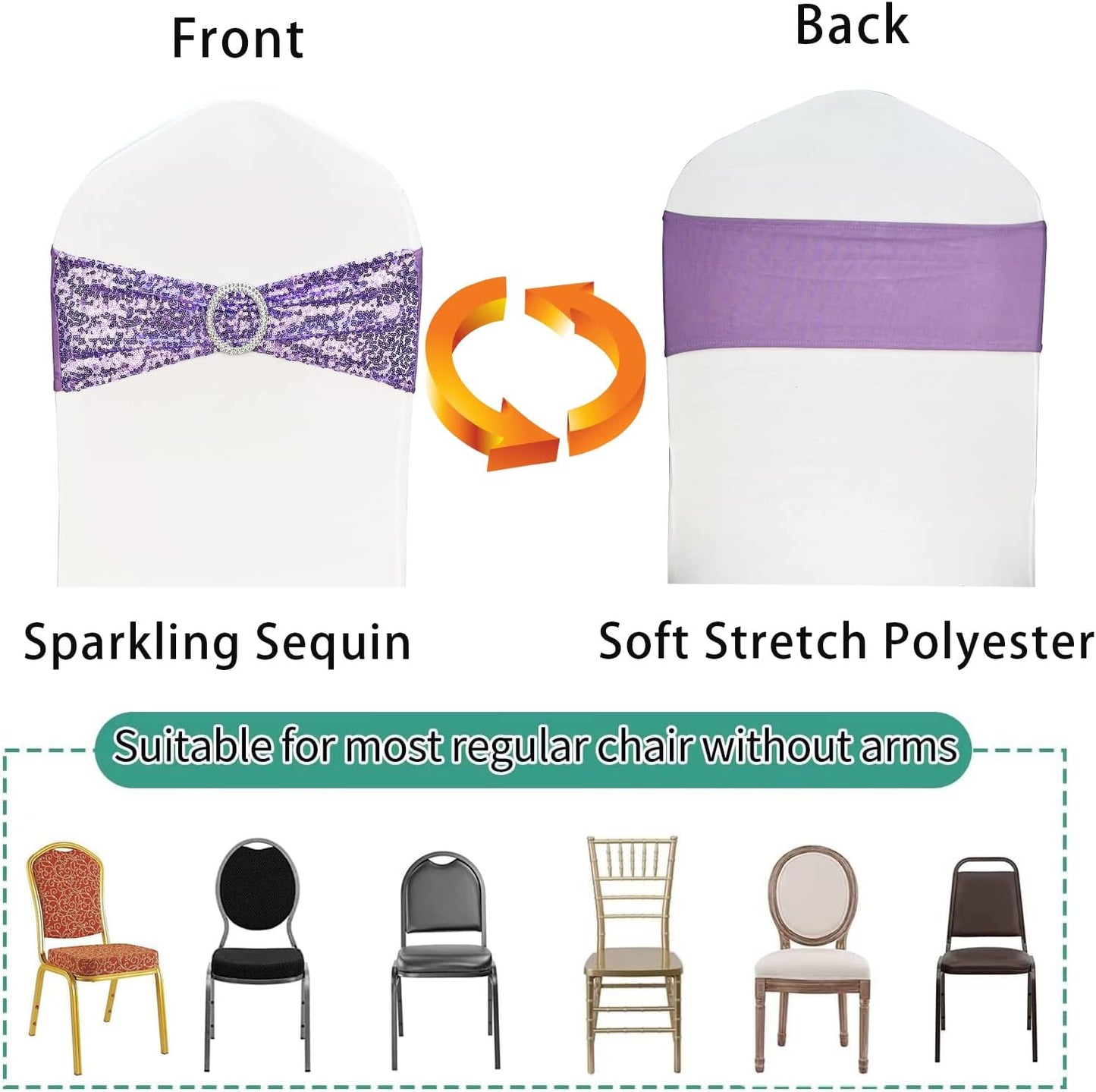 50 Pcs Sequin Chair Sashes Stretch Chair Bands Spandex Polyester Bows for Party Hotel Wedding Banquets Decoration - Lavender