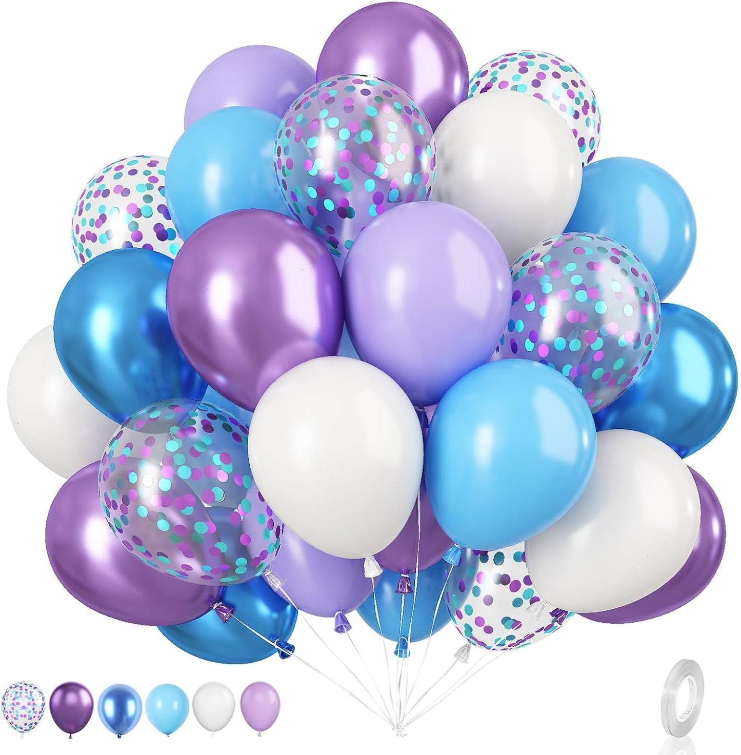 Blue and Purple Balloons Set, 50 PCS Blue 12 Inch Mermaid Balloon, Metallic Purple White Latex Ballons Confetti Helium Balloons for Girls Mermaid Birthday Party Baby Shower Winter Supplies