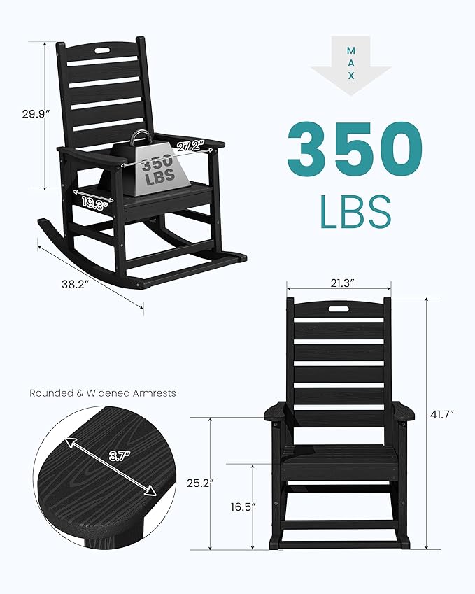 SERWALL Outdoor Rocking Chair Set of 4, Oversized HDPE Patio Rocking Chair - Image 3