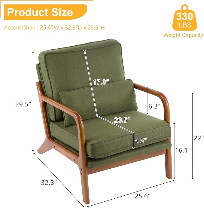 Bonnlo Dark Green Linen Mid Century Modern Accent Chair, Soild Wood Padding - Image 2