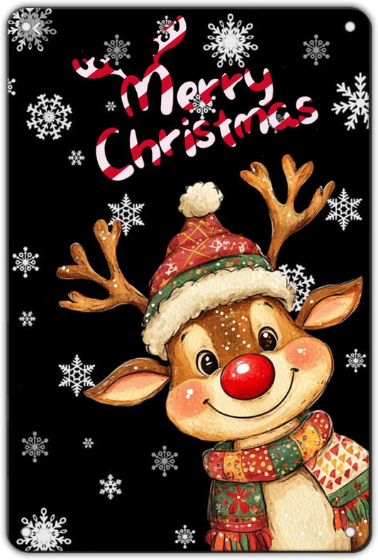 Christmas Reindeer Metal Tin Sign - Merry Christmas Sign for Outdoor & Indoor Decoration - 8x12Inch