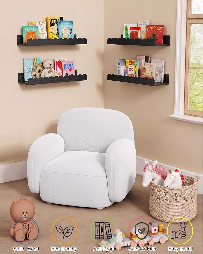 Harwaya Black Floating Nursery Wall Book Shelves Set of 4, Scalloped Shelves - Image 6