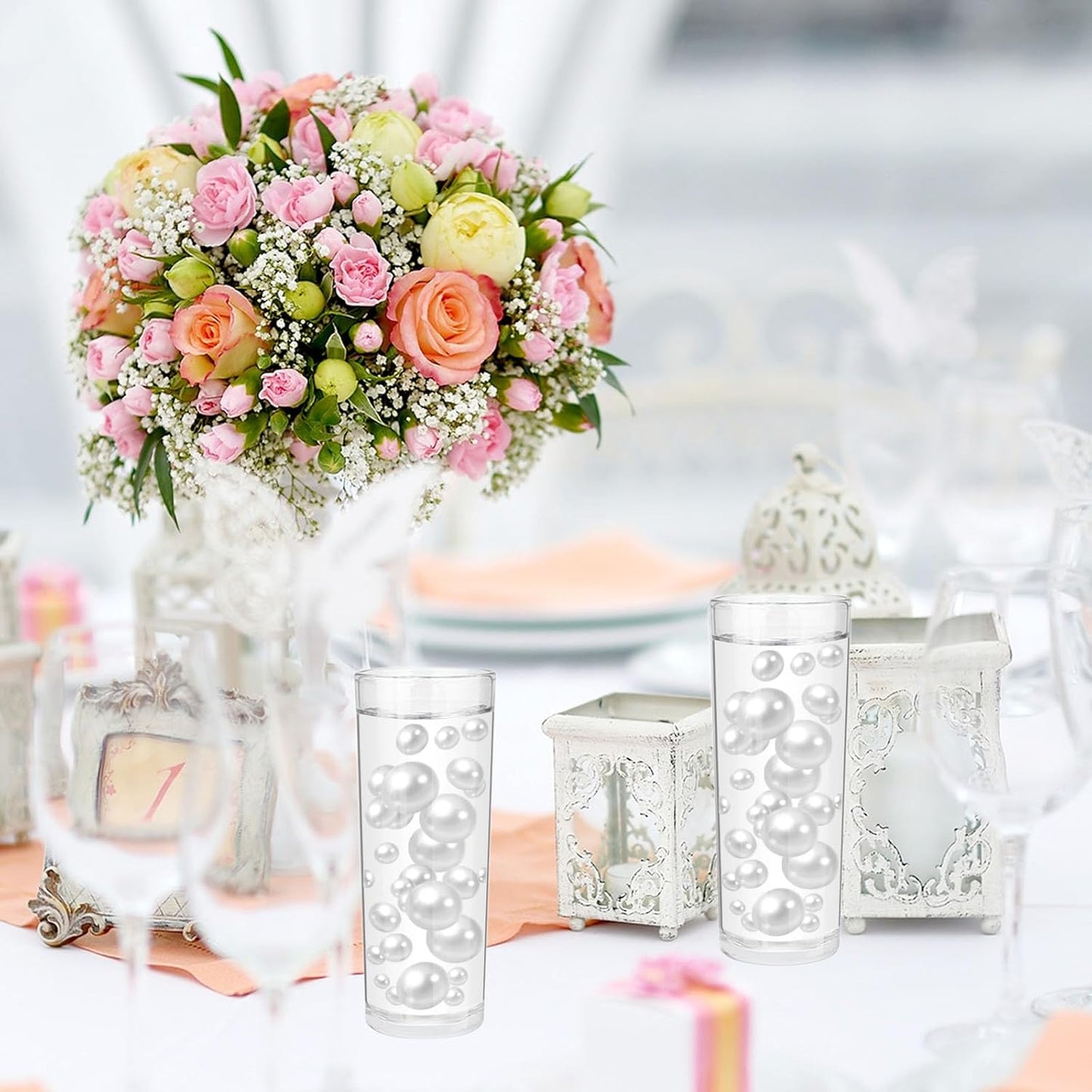 100PCS White Faux Pearls Beads for Centerpiece Vases, Vase Filler Faux Pearls, No Holes Filler Beads for Party Anniversary Birthday Wedding Table Decor, 14/20/30mm