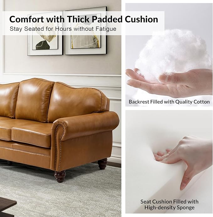 81" Genuine Leather Sofa, Classic 3-Seater Couchs - Image 4
