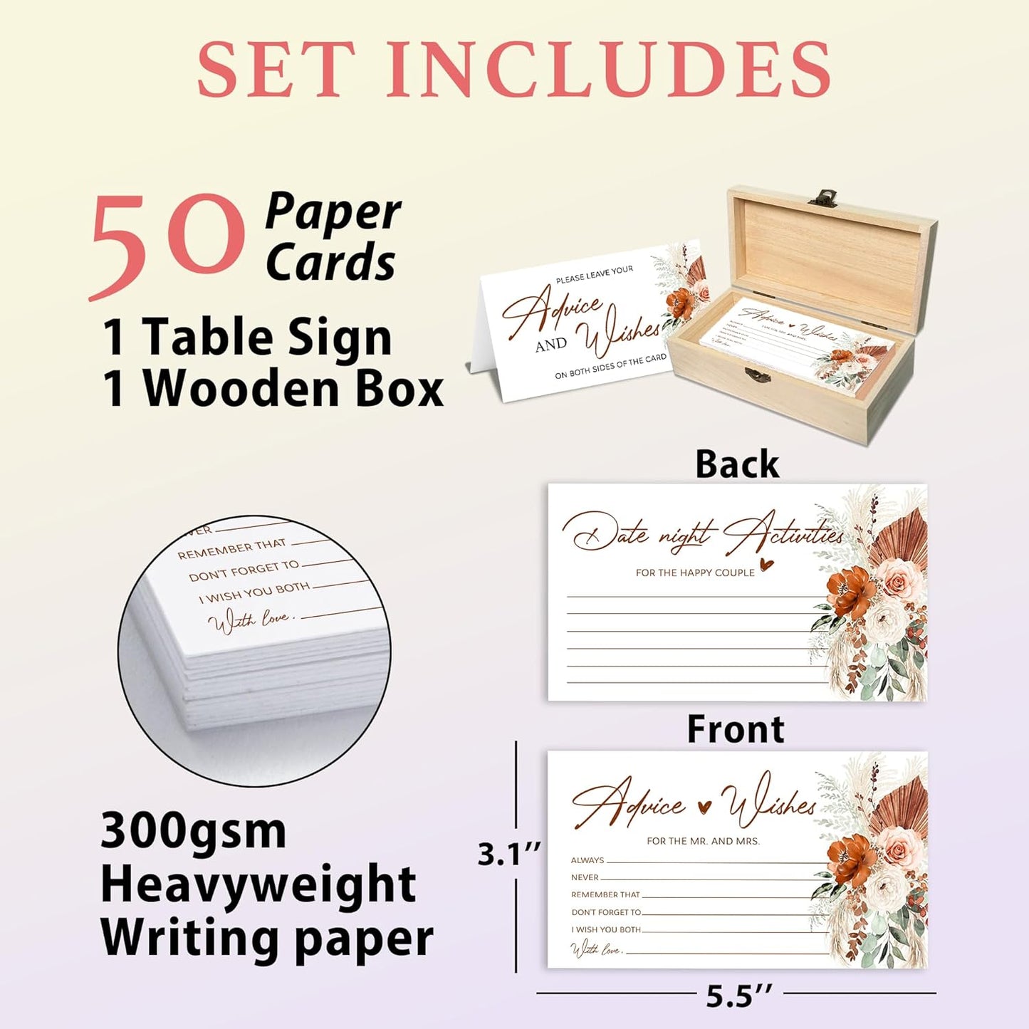 Boho Advice and Wishes for the Mr and Mrs - 50 Packs Wedding Advice Cards Bridal Shower Game Cards with Box Reception Guest Book for Bride Groom Newlywed Engagement Party Decoration -A08