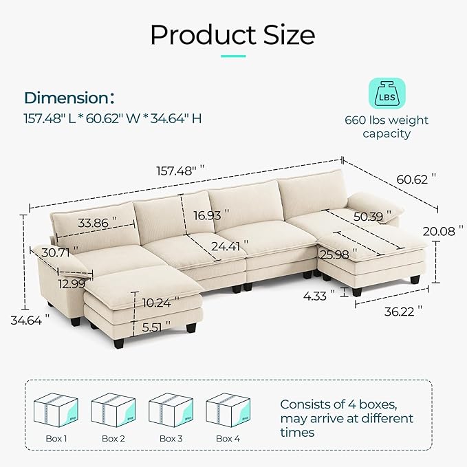 LINSY HOME 157" Modular U-Shaped Sectional Sofa, 4-Seat Corduroy Modern Cloud - Image 2