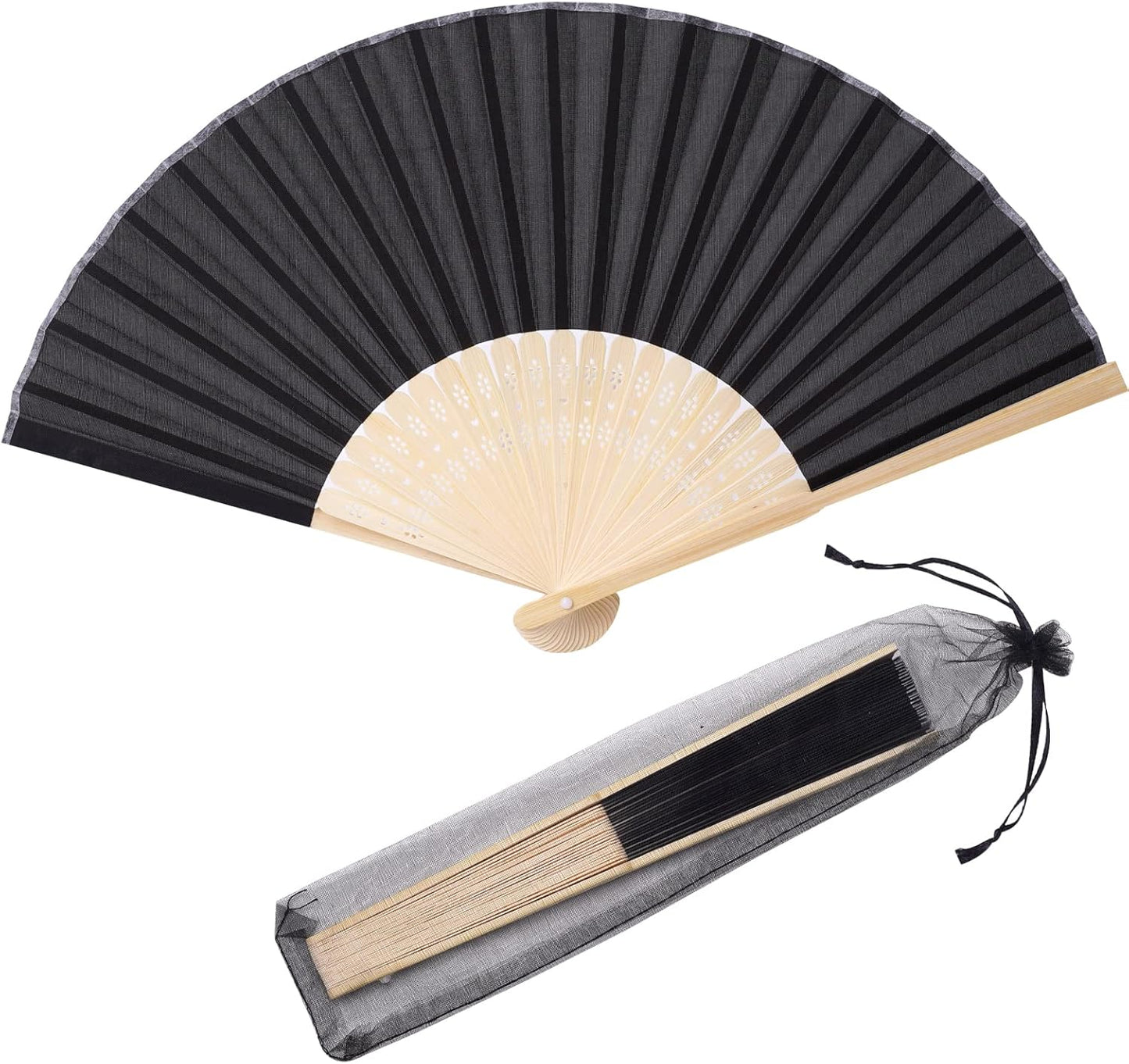 24pcs Imitated Silk Hand Fan Imitated Silk Fabric Bamboo Handheld Folded Fan Bridal Dancing Props Church Wedding Party Favors with Organza Bags (Black)