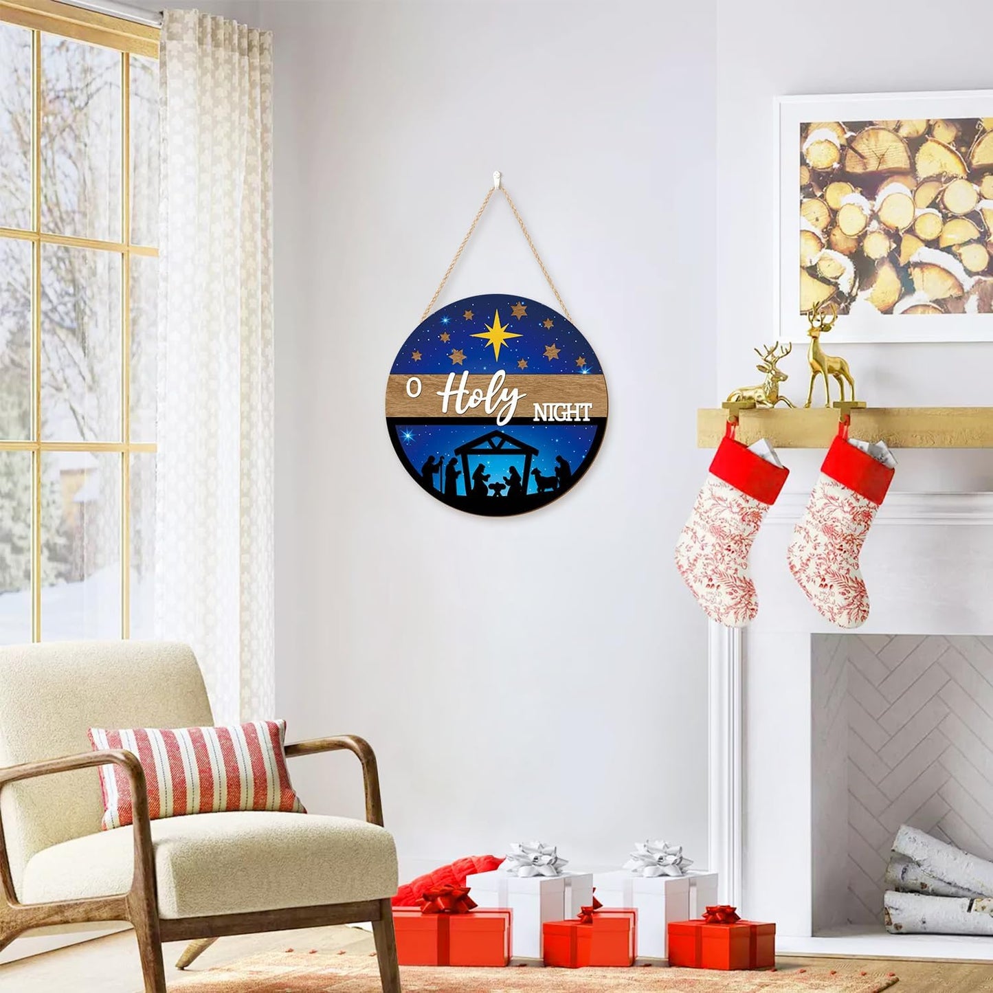 CHDITB 3D O Holy Night Jesus Christmas Front Door Sign(12"x12"), Wooden Nativity Scene Christian Decoration Wall Hanging, Rustic Religious Winter Holiday Decor for Home Indoor Outdoor