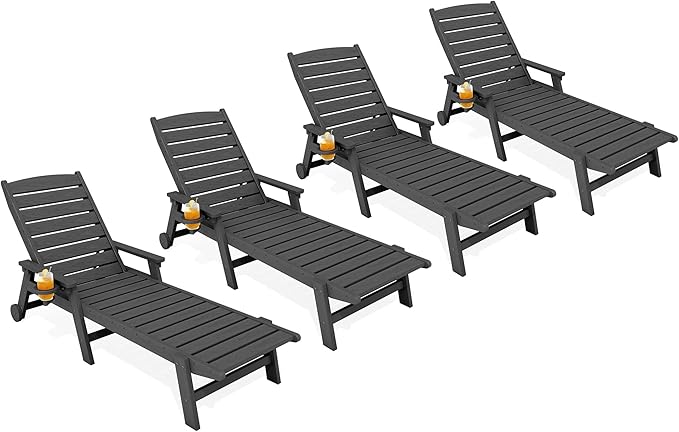 KINGYES HDPE Lounge Chair Outdoor Set of 4, Patio Chaise Lounge Recliner by KINGYES
