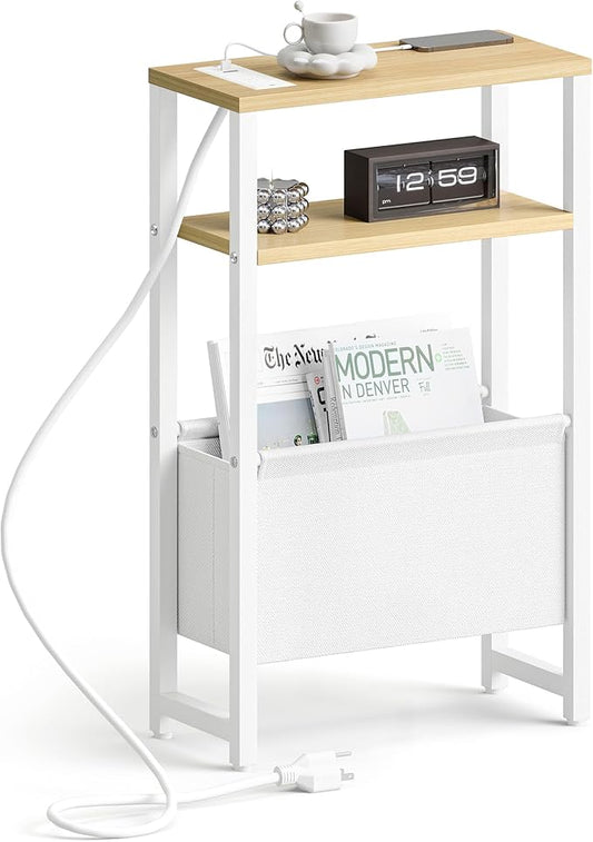 Narrow Side Table with Charging Station Slim End Table Sofa with Magazine Rack by IRCPEN