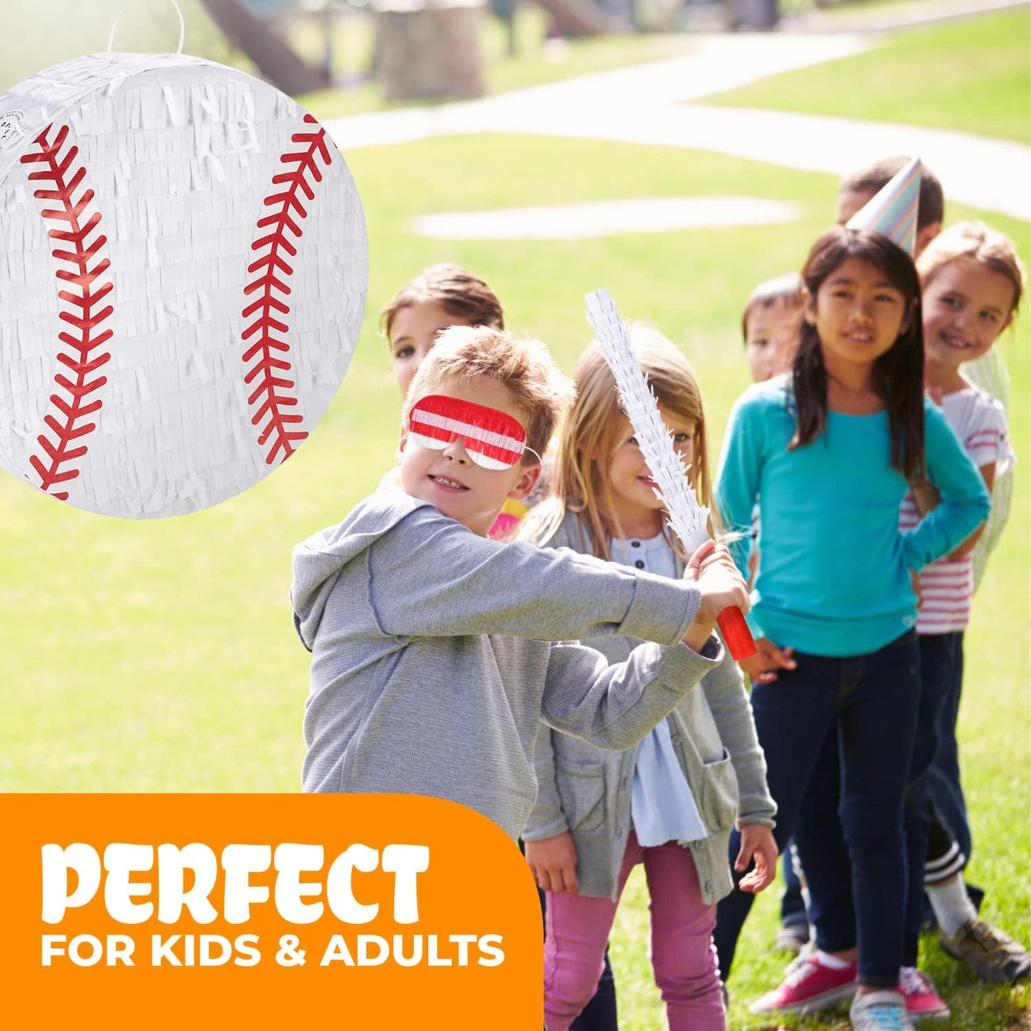 Baseball Pinata Bundle with a Blindfold and Bat (13"x13"x4"), Baseball Pinata for Boys, Perfect for Birthday Party, Sport Theme Party, Decoration