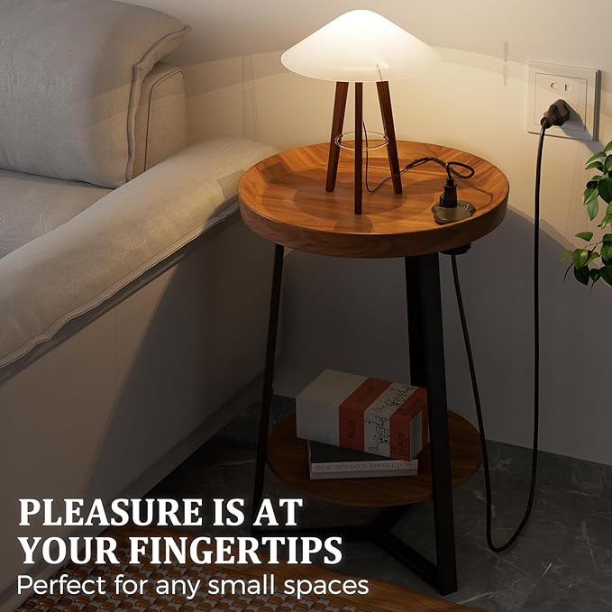 Gadroad Round End Table with Charging Station, USB Ports, Wood Tabletop & Black - Image 7