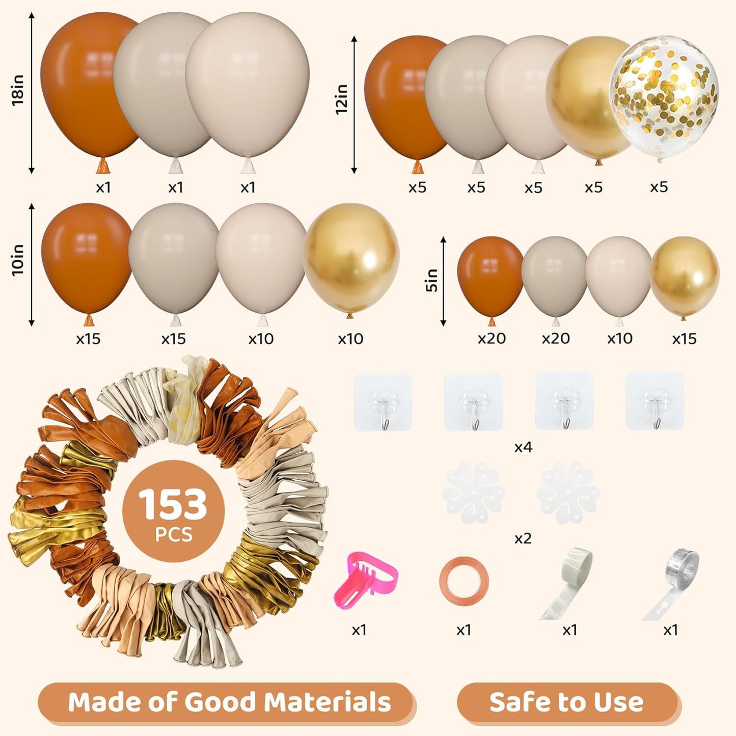 Amandir 153pcs Burnt Orange Balloon Garland Arch Kit, Different Sizes 18 12 10 5inch White Sand Nude Latex Metallic Gold Confetti Thanksgiving Fall Balloons for Baby Shower Birthday Party Decorations