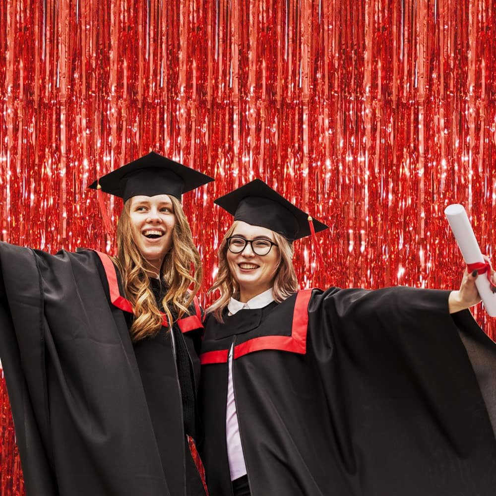 GOER 3.2 ft x 8.2 ft Metallic Tinsel Foil Fringe Curtains Party Photo Backdrop Party Streamers for Birthday,Graduation,New Year Eve Decorations Wedding Decor (4 Packs,Red)